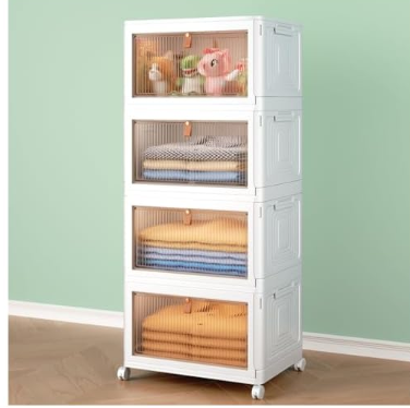 4 Tier Stackable Plastic Storage Bins with Lids and Wheels - 23QT Closet Organizers and Storage, Foldable Storage Containers, Organization and Storage Boxes for Home, Pantry, Office, Dorm Room
