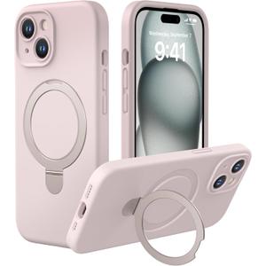CellEver Strong Magnetic Case for iPhone 15 [for MagSafe Charging] [Camera Protection] Heavy-Duty Protection, Soft Grip Silicone Cover with Kickstand, Chalk Pink