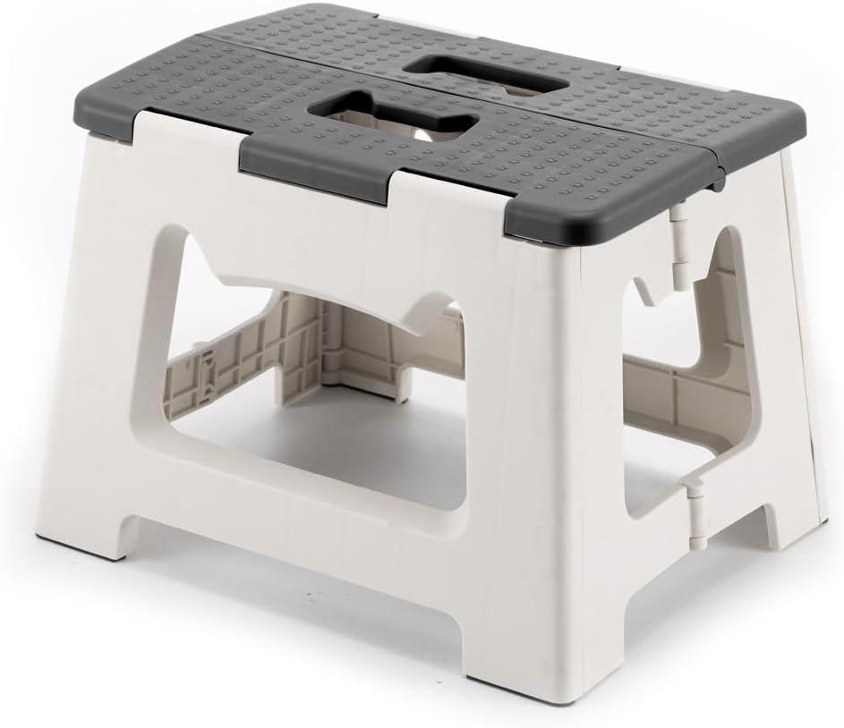 9'' Folding Step Stools for Kids and Adults, Hold Up to 300 lbs, Portable Foldable Step Stool for Toddlers, Plastic Small Collapsible Stepping Stools with Handle for Kitchen Bathroom (Gray)