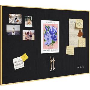 Bulletin Board 30 x 20 inches, Black Pin Board, Golden Aluminum Framed Fabric Cork Board with 10 Push Pins