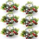 Redbaker 12 Pcs Christmas Votive Candle Holder with Candle Rings Wreath Artificial Candles Ring Garland Wreath with Red Berry Snowy Pinecone for Holiday Xmas Table Centerpiece Home Decorations(Silver)