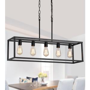 AMZASA Black Rectangle Kitchen Island Lights Rectangular Modern Industrial Chandelier for Dining Room 5 Lights Linear Vintage Cage Light Fixtures UL Listed