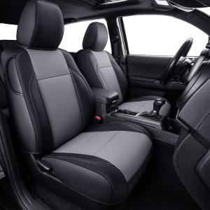 LUCKYMAN CLUB Tacoma Custom Fit Seat Covers for 2024 2025 Tacoma Crew Cab with Faux Leather (Black & Gray) ((2024-2026 Crew) Full Set)