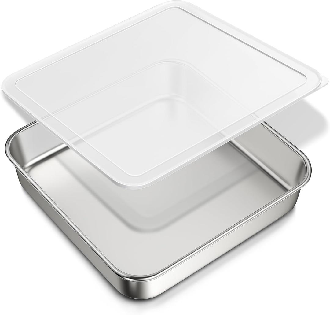 8 x 8-Inch Baking Pan with lid, 304 Stainless Steel Square Cake Pan, Commercial Grade Bakeware for Cakes Brownies Casseroles, Thicker Rectangle Sheet Cake Pans, Non-toxic & Heavy Duty &Dishwasher Safe