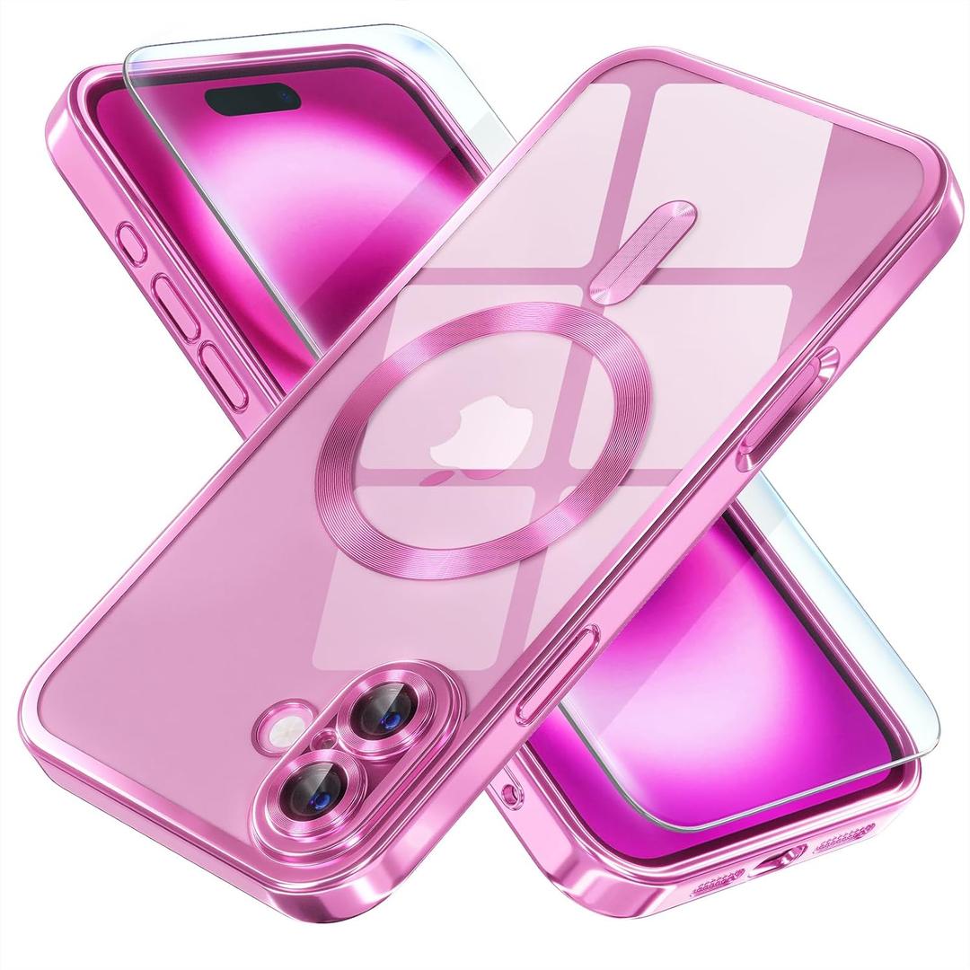 Misea Magnetic for iPhone 16 Plus Case with MagSafe [Never Yellowing] [Military Grade Drop Protection] Full Camera Lens Protector Plating Soft Clear Phone Case for Women Girls 6.7 inch, Hot Pink