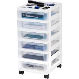 IRIS USA Plastic Drawer Storage Organizer Rolling Cart, with Wheels Casters, 6-Drawers, for Classroom Art Craft Supplies Dresser Closet Bathroom Laundry Room, White/Clear