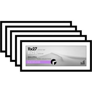 Americanflat 11x27 Picture Frame with Polished Plexiglass - Set of 5 - Use as 8x24 Frame with Mat or Display 11x27 Photo Without Mat - Galleria Collection - Picture Frames for Wall Display - Black