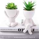 2 PCS Unique Artificial Plants Succulents Office Decor for Women and Men, Small Fake Plants with Human-Shaped Pots, Cute Faux Plants Indoor for Office or Home Decoration, White