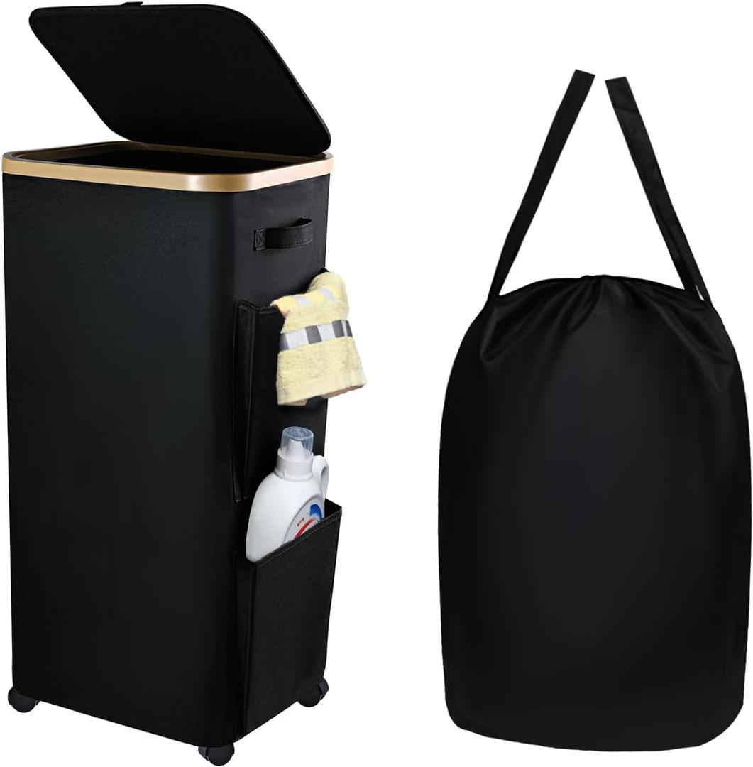 100L Large Laundry Hamper with Lid Wheels, Rolling Laundry Basket with Removable Bag Side Pockets, Heavy-Duty Laundry Room Organization and Storage for Dorm Small Spaces (Black)