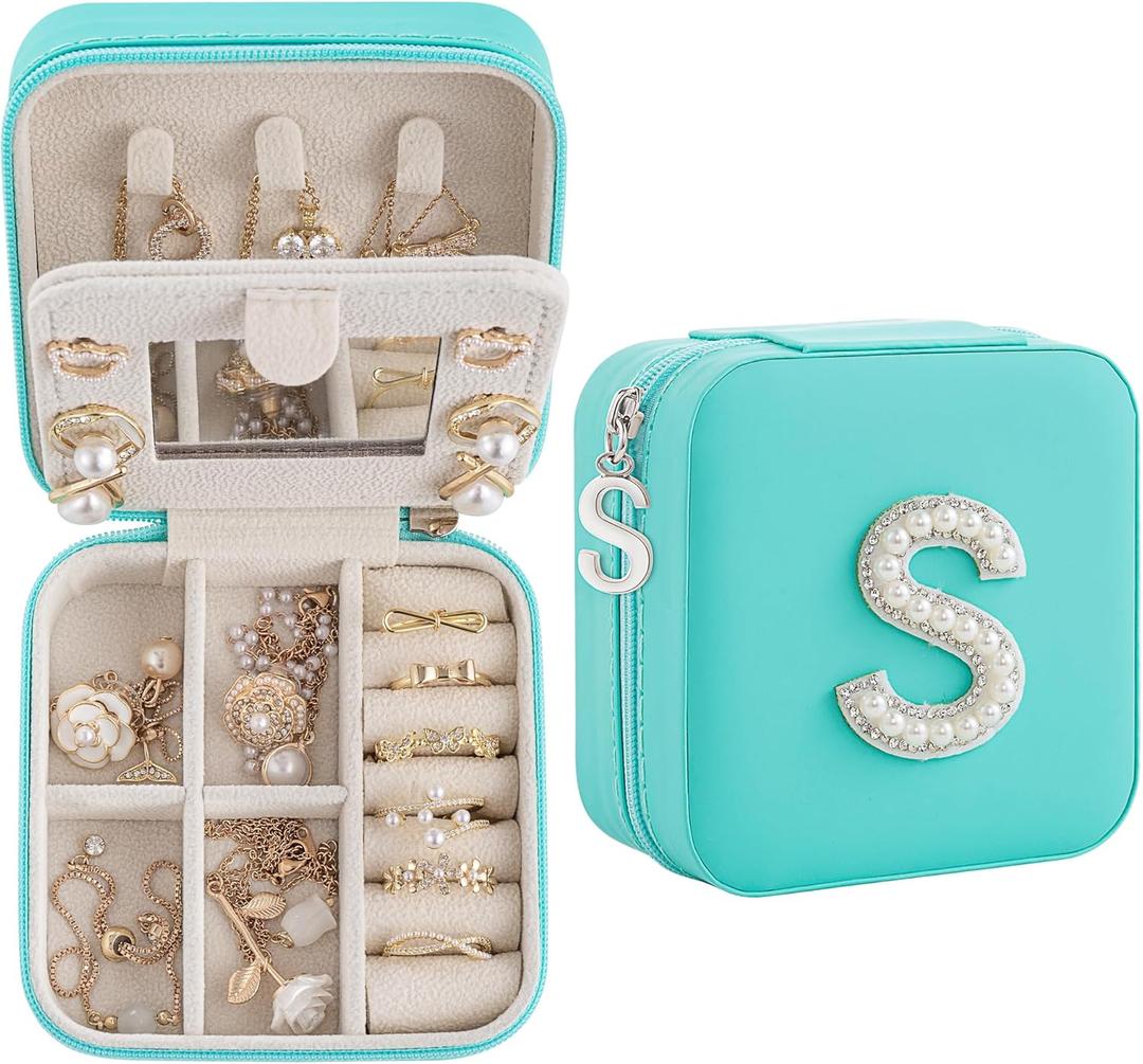 Birthday Gifts For Women, Initial Jewelry Box, Travel Jewelry Case, Gifts for Wife Girlfriend, Small Travel Jewelry Organizer, Gift for Girls, Graduation Gifts for Her, Bridesmaid Gifts (Blue)