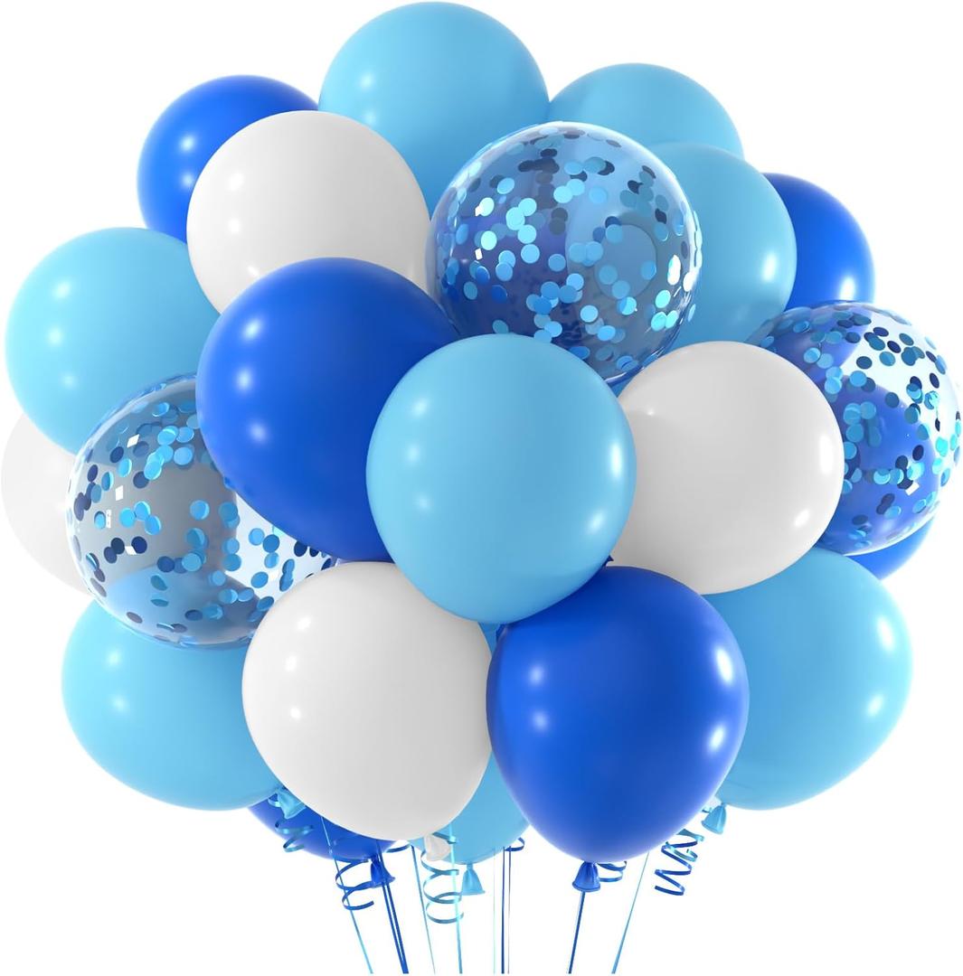 NEBURORA 60 Pcs Royal Blue Light Blue White Confetti Balloons with Ribbons 12inch Balloon Garland Arch Kit for Birthday Baby Shower Celebrations Party Decoration