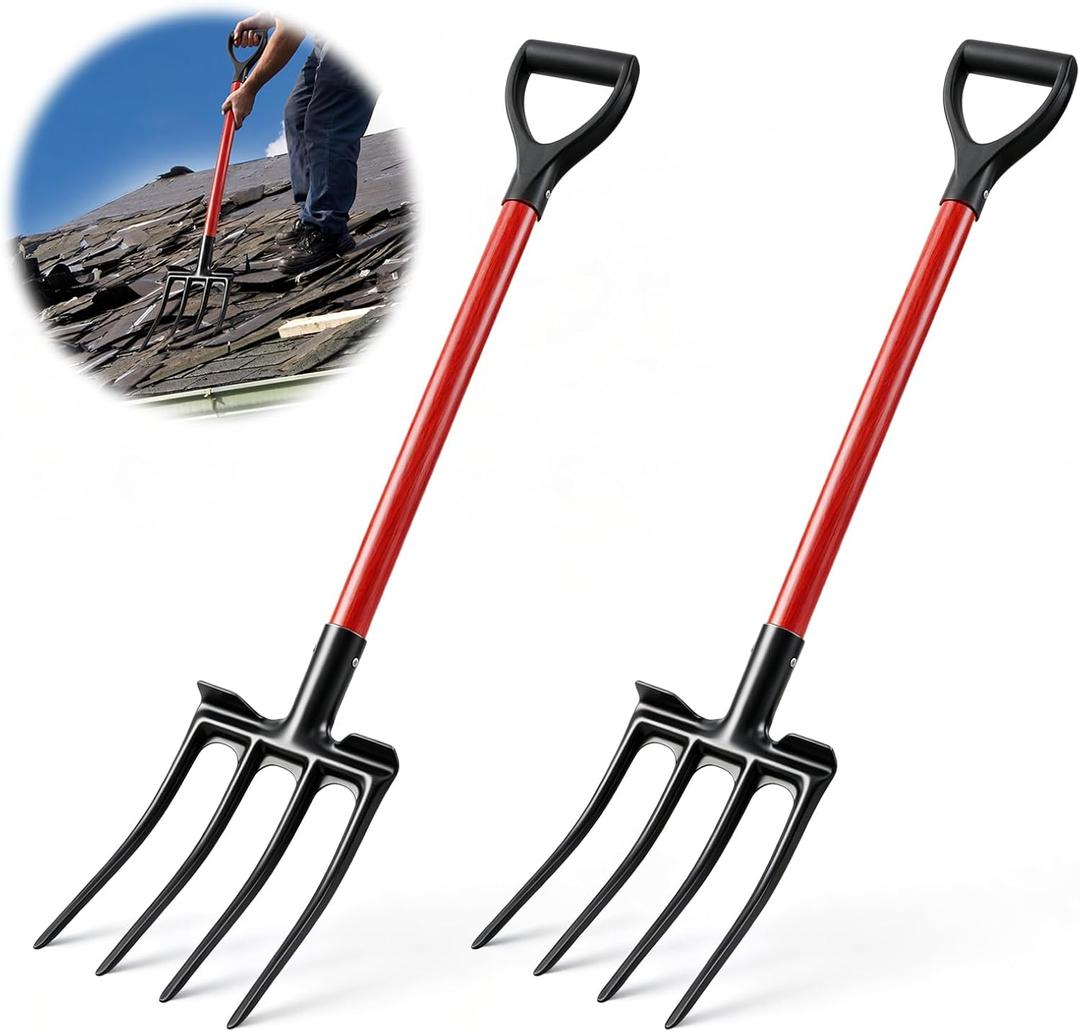 2 Pack 4 Tine Roofing Shovel 43.3 Inch 4 Tine Tear Off Tool Garden Spading Fork with D Grip Handle for Shingles Underlayment Nails Soil Turning Yard Landscaping Home Repair Work Roofing Projects