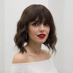Wigs for Women Short Bob Wig with Bangs, Synthetic Wavy Curly Black Hair Wigs for Black Women, Natural Looking Textured Short Wigs for Daily Use. (Dark Brown)