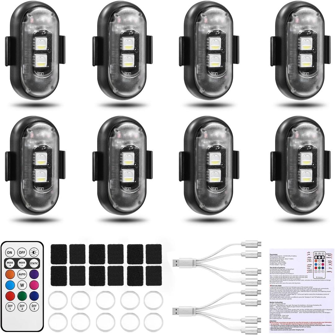 8PCS Wireless LED Strobe Lights, Halloween 8 Colors Wireless Strobe Lights with Remote Control, IP65 Waterproof Rechargeable Anti-Collision LED Emergency Warning Light for Car Drone Aircraft