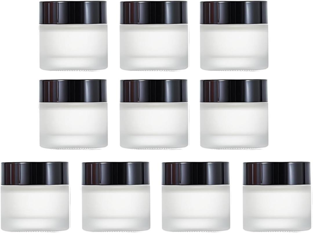 10Packs 10ml/0.33Oz Empty Frosted Glass Cosmetic Containers Refillable Sample Glass Jars with Leak Proof Black Lids Small Round Makeup Bottles for Lip Scrub Balm Lotions Sample Eye Creams DIY