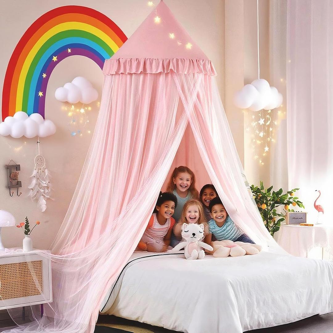 Kertnic 31.5inch Large Dome Bed Canopy for Girls, Double Layer Dreamy Ruffle Princess Canopy, Bedroom Hanging Tent Kids Reading Nook Canopies,Full Queen Bed Canopy Curtain (Beige Pink)