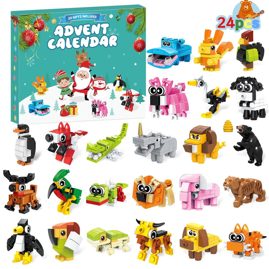 Animal Building Blocks Advent Calendar - 24 Pack Animals Christmas Toys Countdown Calendar for Boys Girls, 2024 Surprise Christmas and New Year Gifts Christmas Stocking Stuffer for Kids Children, 9 Boxes