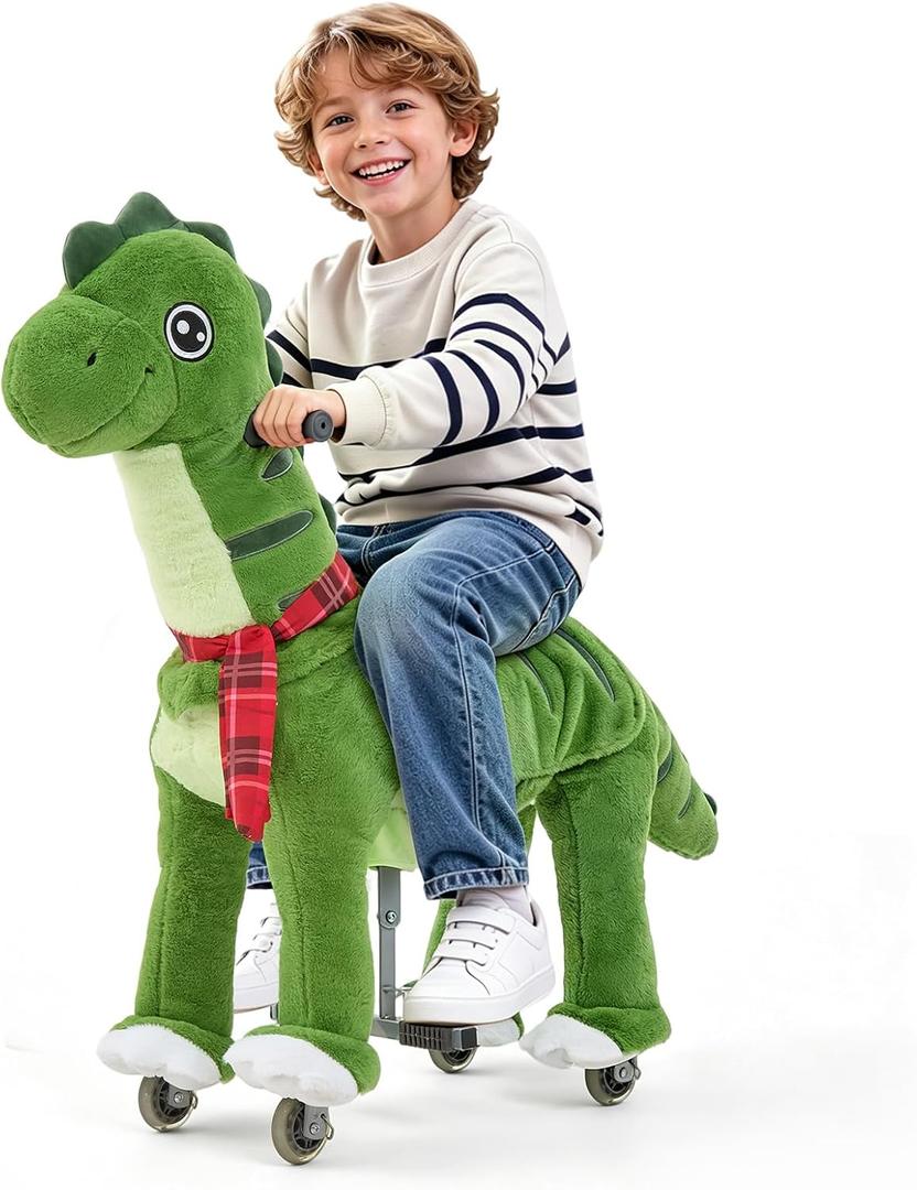 FUNLIO Ride on Dinosaur Horse for Kids 5-12, Plush Ride-On Toys with Wheels for Indoor & Outdoor Play, Easy to Assemble, CPC & CE Certified-Large, Green Dinosaur