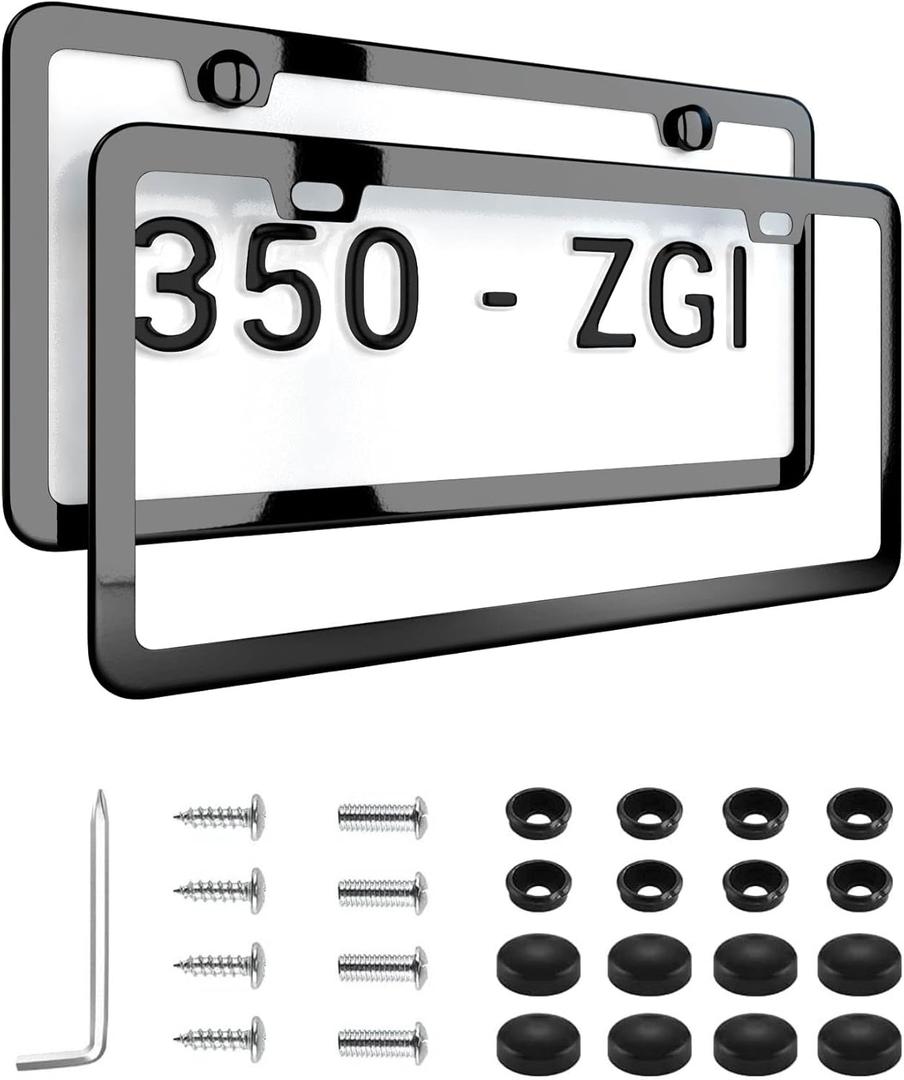 Black with Chrome Finish License Plate Frame - Stainless Steel Metal Frame with Screw Caps, 2 Pack (Chrome Black(Mirror Finish))