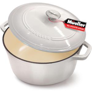 Mueller Cast Iron Dutch Oven Pot with Lid, 6 Quart Enameled, Dual Handles, Stainless Steel Knob, Stew Pot, Induction Pot - For Braising, Roasting, Baking, Cast Iron Bread Pan with Lid, White