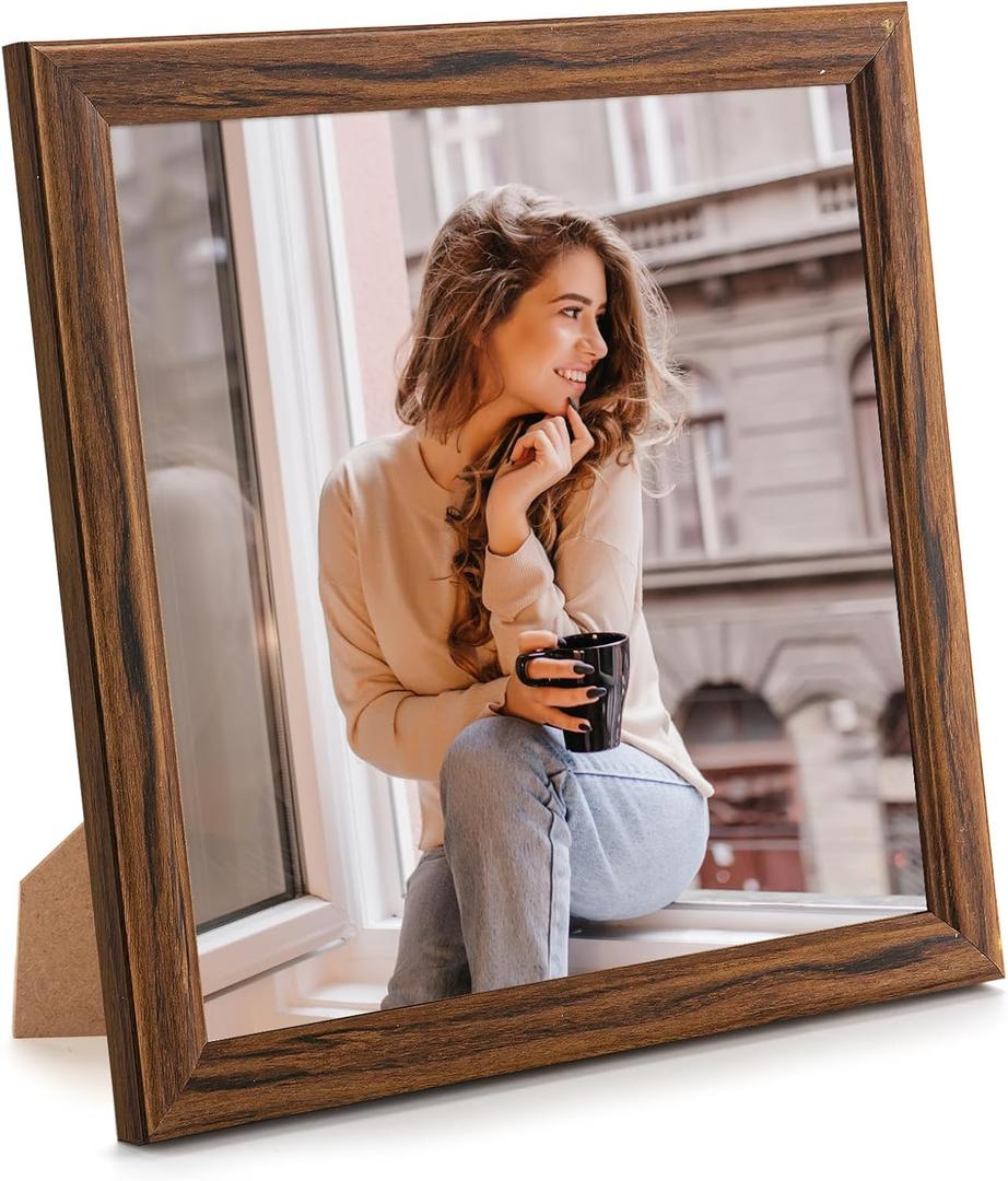 7x7 Wood Frame Brown, Natural Wooden 7x7in Picture Frames, Modern Golden 7 x 7inch Gallery Photo Pic Frame with HD Plexiglass, Horizontal Vertical Wall Mounting Tabletop Display 1Pcs