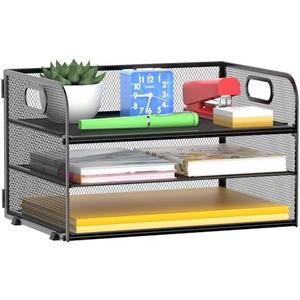 MINDEPOT 3 Tier Paper Organizer Tray with Handle, Mesh Letter Tray for Office, Home, School (1 Pack), Black
