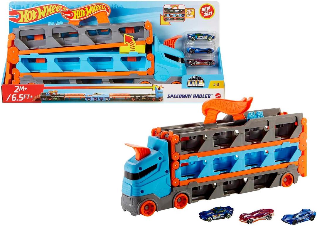 Hot Wheels - Speedway Hauler Storage Carrier with 3 1:64 Scale Cars & Convertible 6-Foot Drag Race Track for Kids 4 to 8 Years Old, Stores 20+ Cars & Connects to Other Playsets, HGH33, 46 Cm X 9 Cm X 21 Cm
