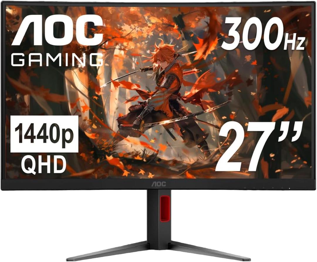 AOC CQ27G4ZH 27" Curved Gaming Monitor, QHD 2K 2560x1440, 1500R VA, 300Hz 0.3ms MPRT, HDMI x2, DP x1, Height Adjustable Stand, HDR, 3-Year Zero-Bright-dot