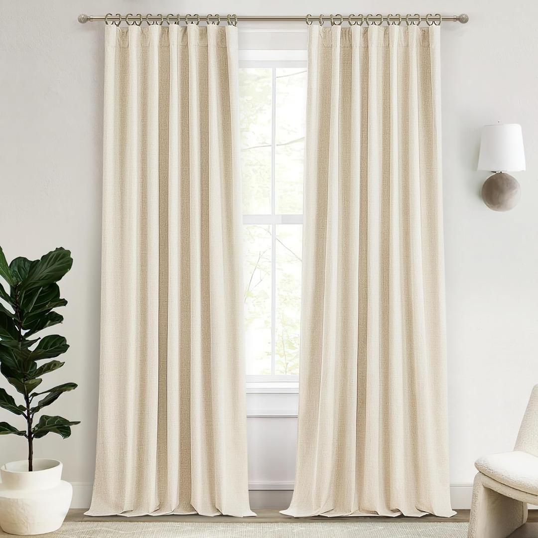 Blackout Curtains for Bedroom 96 Inches Long,Energy Efficient Insulated Floor to Ceiling Track Curtains Kids Drapes 2 Panel Set Flax Linen Cotton Cream Beige Nursery Curtains Neutral Heading Tape Hook