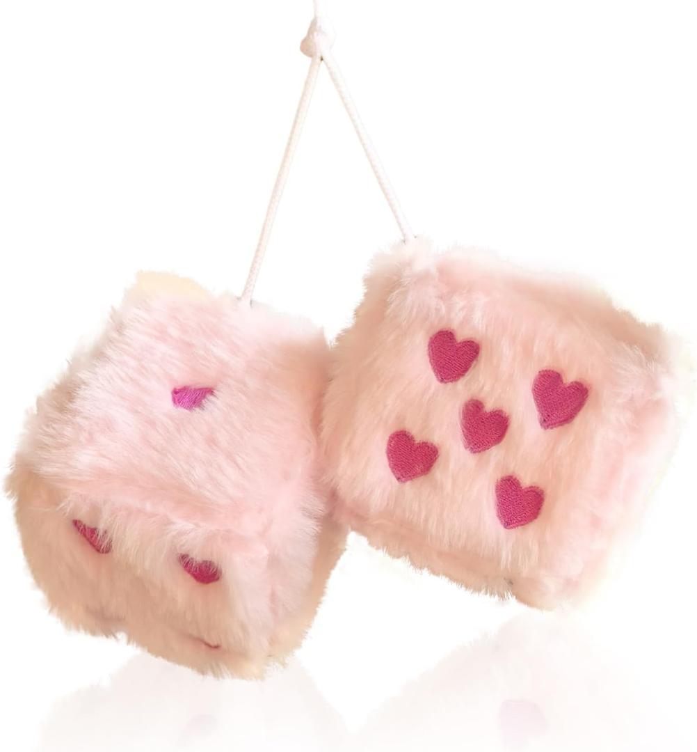 Pair 3 Colorful Heart Embroidered Fuzzy Plush Dice, Soft Plush Car Decoration Hanging Ornaments, Couple Car Decorative Vintage Accessories for Rearview Mirror Decorations(Pink Rose Red Dots)