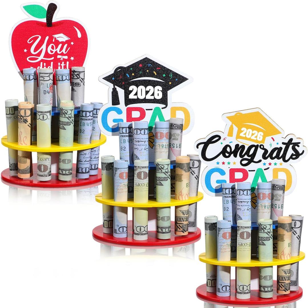 2 x 3 Pcs Graduation Money Holder for Cash 2026 Graduation Gift Wooden Cash Cake with 60 Hole Double-Layer DIY Money Holder Gift for Elementary Congrats Grad Party Supplies