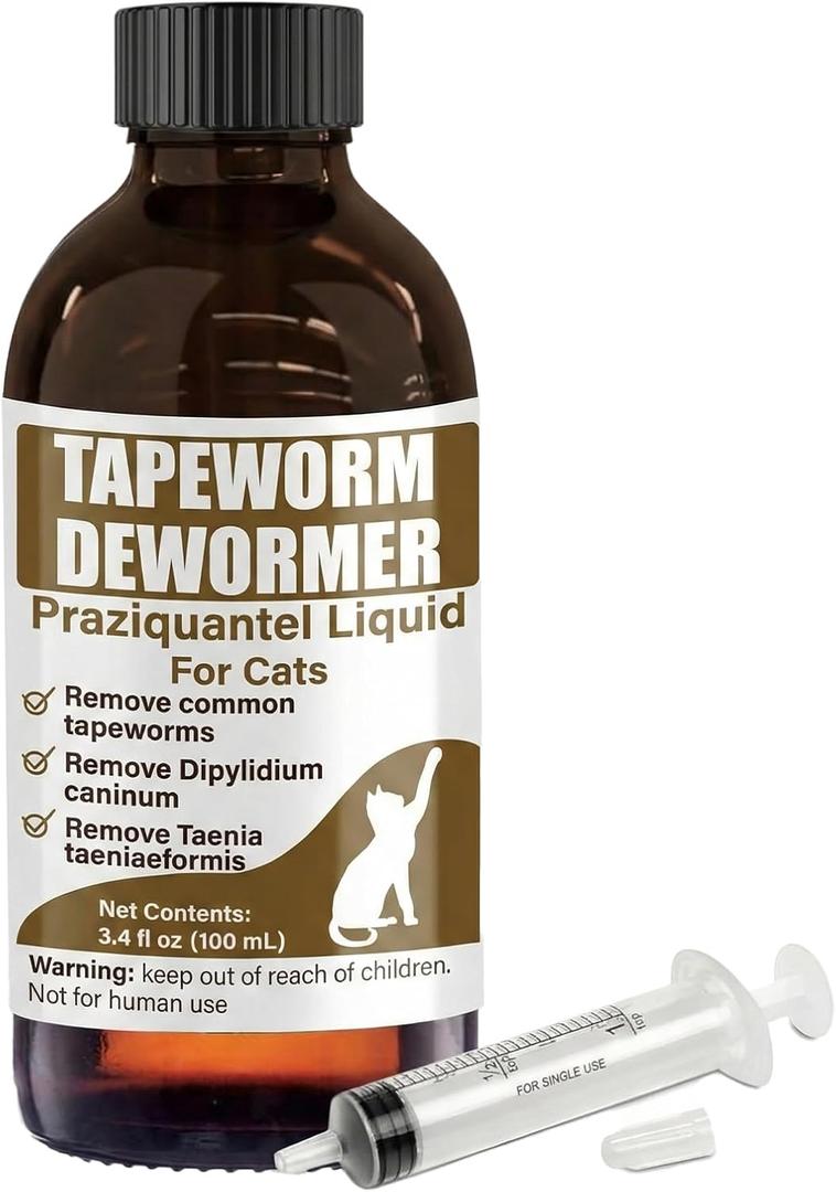 Tapeworm Dewormer for Cats & Kittens  Praziquantel Liquid 100 mL for Cats 6 Weeks & Older, Include 3 ml Dropper with Cap