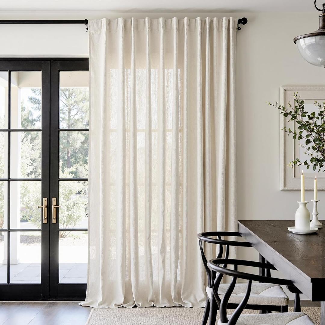 jinchan Extra Long Linen Blend Curtains 108 inch Length 1 Panel Extra Long for Sliding Door, Light Filtering 100 inch Extra Wide Drape with Rod Pocket Back Tab(100W x 108L, Ecru)