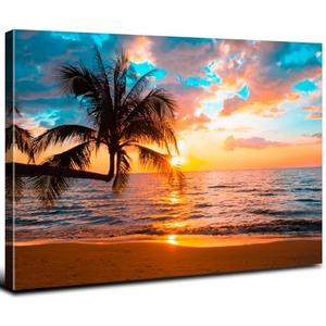 Beach Wall Art Palm Tree Wall Art Bathroom Sunset Coastal Landscape Pictures Tropical Wall Decor for Living Room Canvas Ocean Seascape Poster Nature Painting Print Bedroom Office Home Decoration 12x16