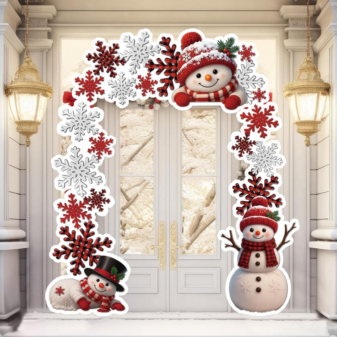 Moukeren 65"x29.5" Christmas Door Decorations, 3PCS Snowman & Red-White Snowflake Door Frame Banners with PVC Hanging Rope -Side Banners for Winter Wonderland Party, Home, Classroom Holiday Decor