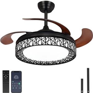 Ohniyou 42'' Retractable Ceiling Fan with Lights, Remote/APP Control, Dimmable, DC Motor Modern Farmhouse Ceiling Fan with 4 Hidden Blades, Black