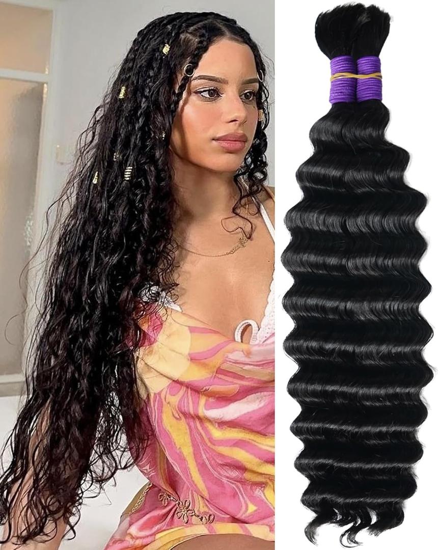 Human Braiding Hair for Boho Braids Deep Water Wave Hair Extensions Boho Hair for Braiding 12A 110g 2 Bundles/Pack Natural Color Pre-Stretched 22 Inch