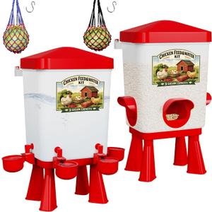 Erinaik Chicken Feeder and Waterer Set, 3 Gallon/16 LB Automatic Poultry Feeding System with Hanging Option, No Waste Feeder Ports & Water Cups, BPA-Free, Ideal for Hens Ducks and Poultry (RED2)