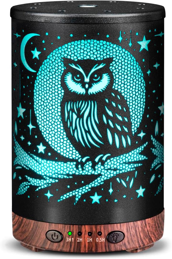 Essential Oil Diffuser Metal Aromatherapy Diffuser, Cool Mist Diffuser with 7 Color Lights for Home Office Spa (Owl)