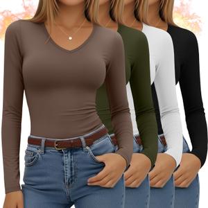 4 Pack Women's Long Sleeve Thermal Shirts Fleece Lined V Neck Slim Fit Underwear Base Layer Basic Winter Warm Tops (L)
