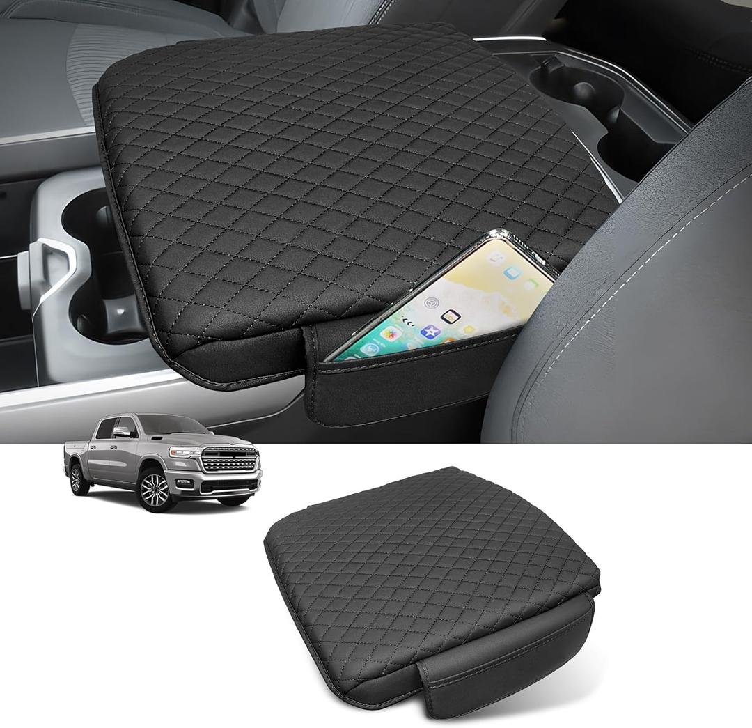 Custom for Center Console Cover 2019-2024 2025 2026 Dodge Ram 1500/2500/3500 Armrest Cover Accessories PU Leather Armrest Seat Box Cover Protector with Pockets Storage Bag (Bucket Seat Only)