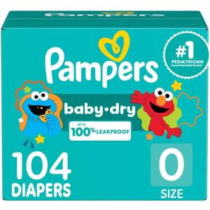 Pampers Diapers - Baby Dry - Size 0, 104 Count, Absorbent Disposable Newbort Diaper (Packaging May Vary) (Newborn)