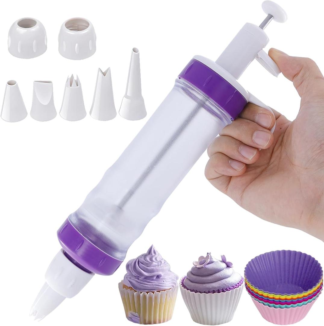 JAYVAR Dessert Decorating Syringe Set, Icing Dispenser Tool, Dessert Decorator Pro with 7 Icing Nozzles for Pushes Icing to Decorate Baked, Cake Decorating Gun for Frosting Cream to Make Cupcakes