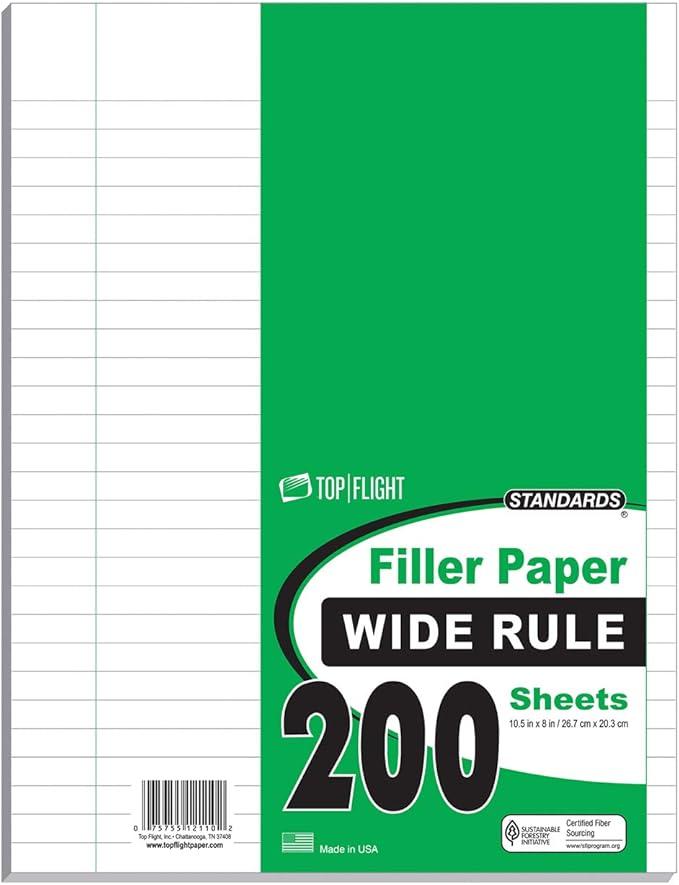 Top Flight Filler Paper, 10.5 x 8 Inches, Wide Rule, 200 Sheets (12110)