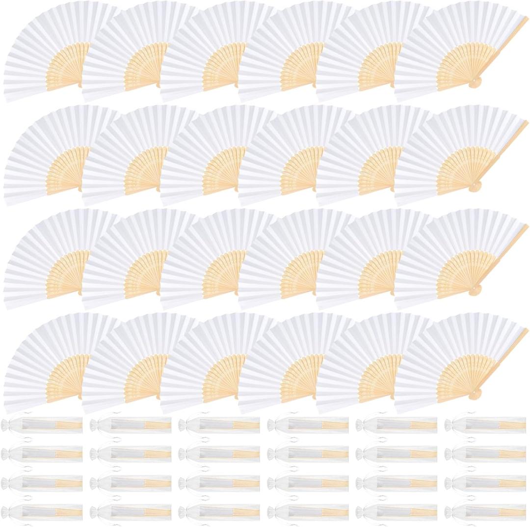 24 Pieces White Hand Held Bamboo Folding Fans Paper Fans Handheld for Women Foldable Girls Wedding Decoration Church Home Party Favors Summer