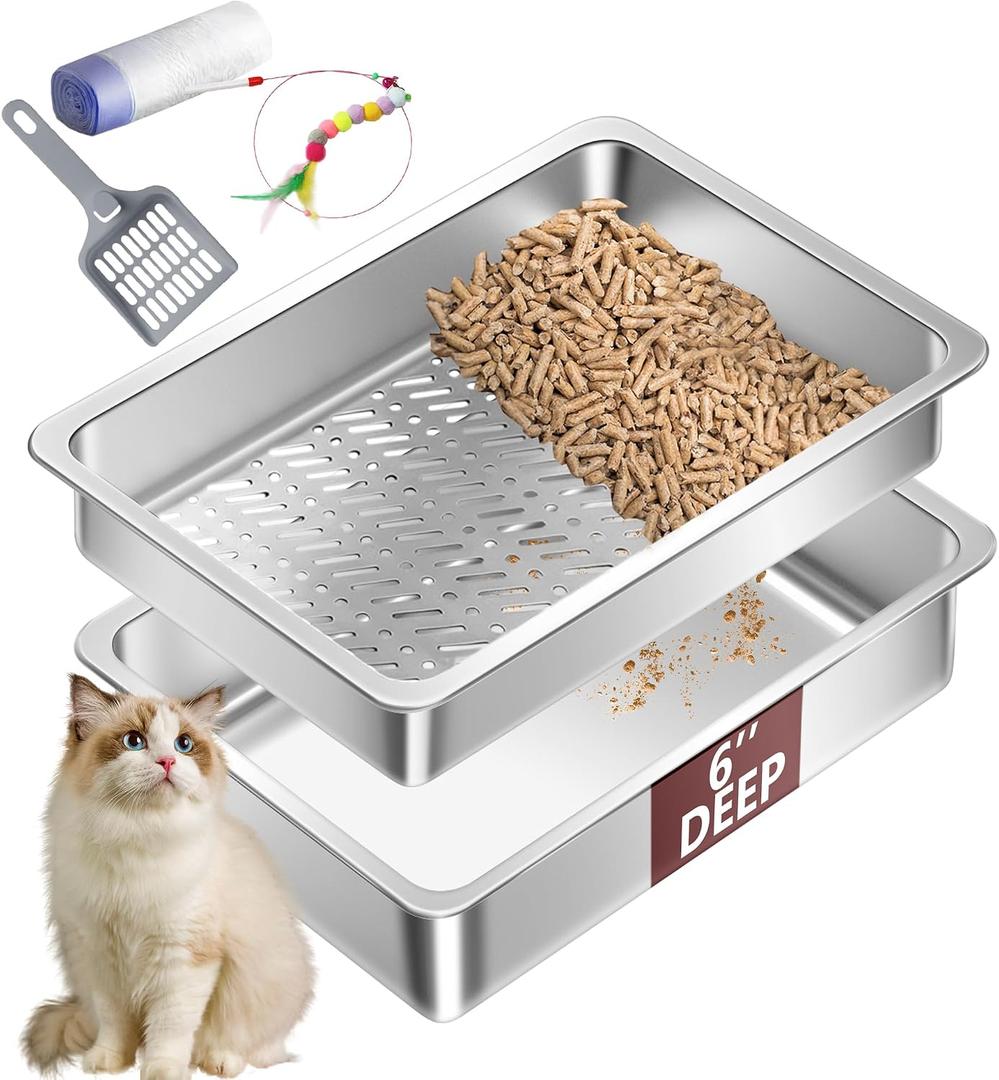 Stainless Steel Sifting Cat Litter Box for Pine Pellets, XL Extra Large Metal Cat Litter Box Sifter Pan with Litter Scoop, Low Dust, Odor Control, Easy Cleaning, 19.7" L x 13.8" W x 6" H