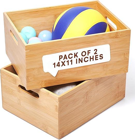 Prosumer's Choice Wood Storage Bins - Real Wood Wooden Storage Box for Kitchen Bedroom Bathroom Office Table - Multi-Purpose Wooden Bins for Organizing Goods - Brown 2 Pack - 14x11x6.4 in
