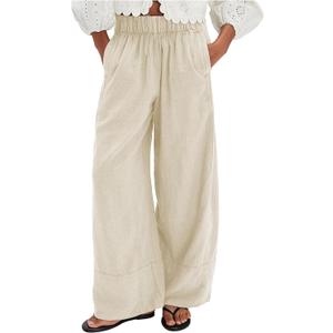 Women's Linen Wide Leg Pants Elastic Waist Summer Boho Palazzo Pants Beach Vacation Casual Trousers with Pockets (Apricot-S)