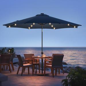 wikiwiki 11ft Solar Led Patio Umbrella, Sturdy Outdoor Market Umbrella for Deck, Pool, Garden w/Tilt, Crank, 32 LED Lights, Navy Blue