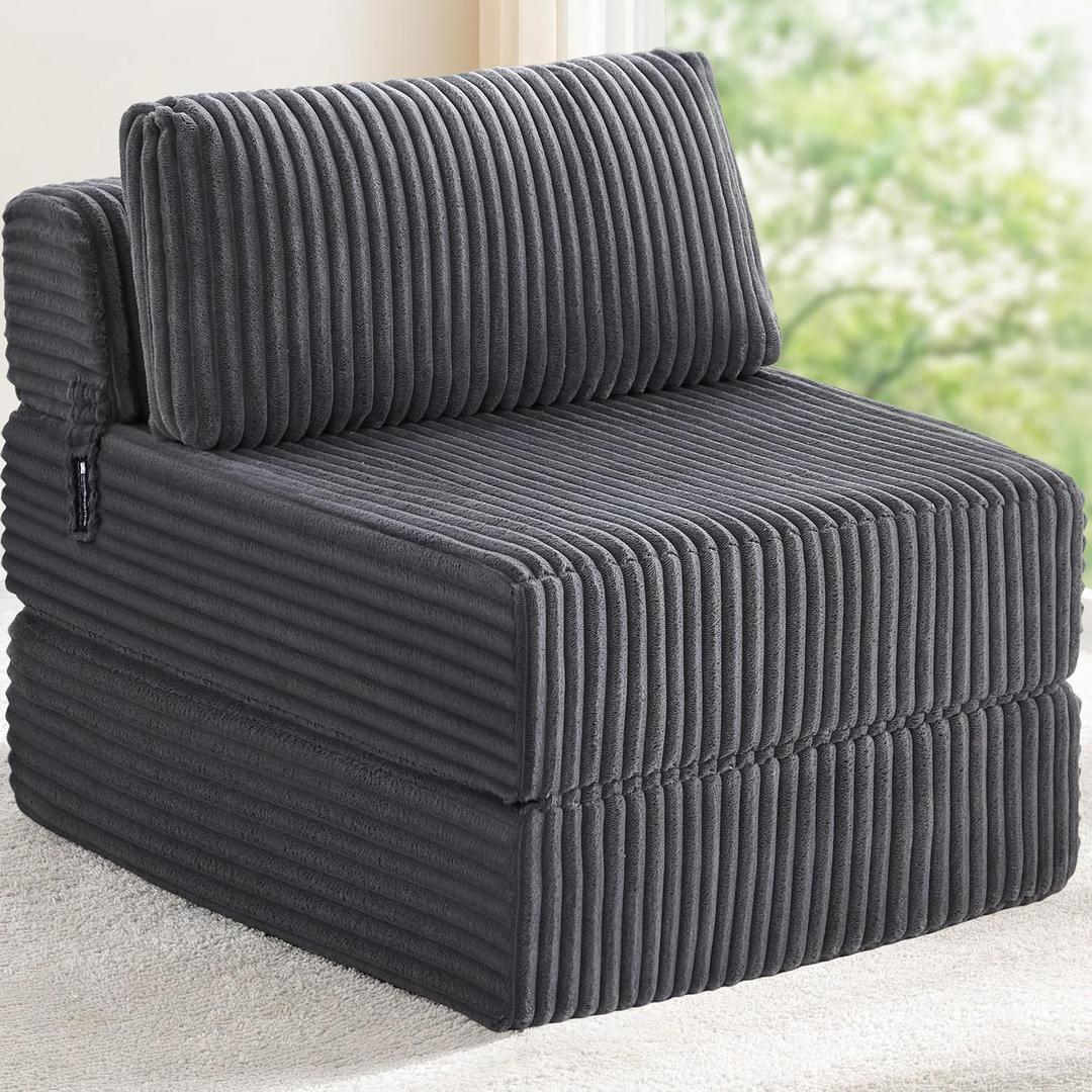 Convertible 4-in-1 Folding Sofa Bed Boneless Sleeper Chair Couch Foldable Chaise Lounger & Mattress Pocket Coils+Foam Medium Support, Portable No Assembly for Living Room/Bedroom, Single XL